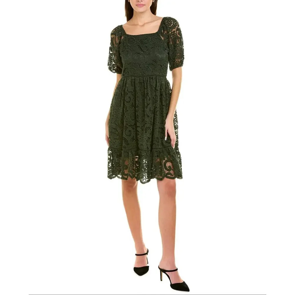 Nanette Lepore Dark Green Lace Midi Dress Puff Sleeve Holiday Size 8